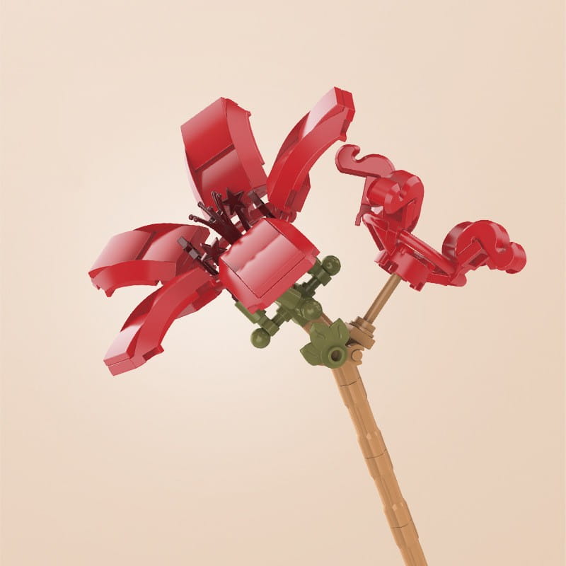 Une fleur en Lego rouge vive avec des pétales détaillés et une tige verte, réalisée à partir de briques en plastique imbriquées, mise en scène dans un bouquet de fleurs en briques, rose bonsaï, jouet.