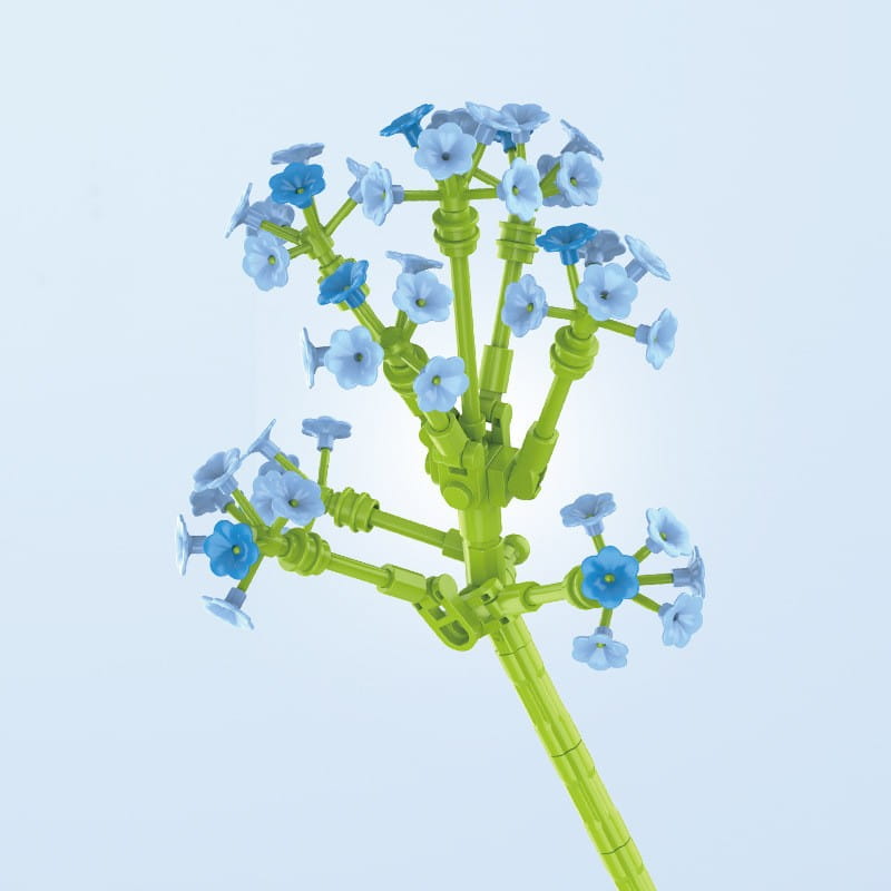 Un jouet en fleur en briques Lego vert citron, composé de fleurs de myosotis dans des tons bleu clair et bleu foncé.