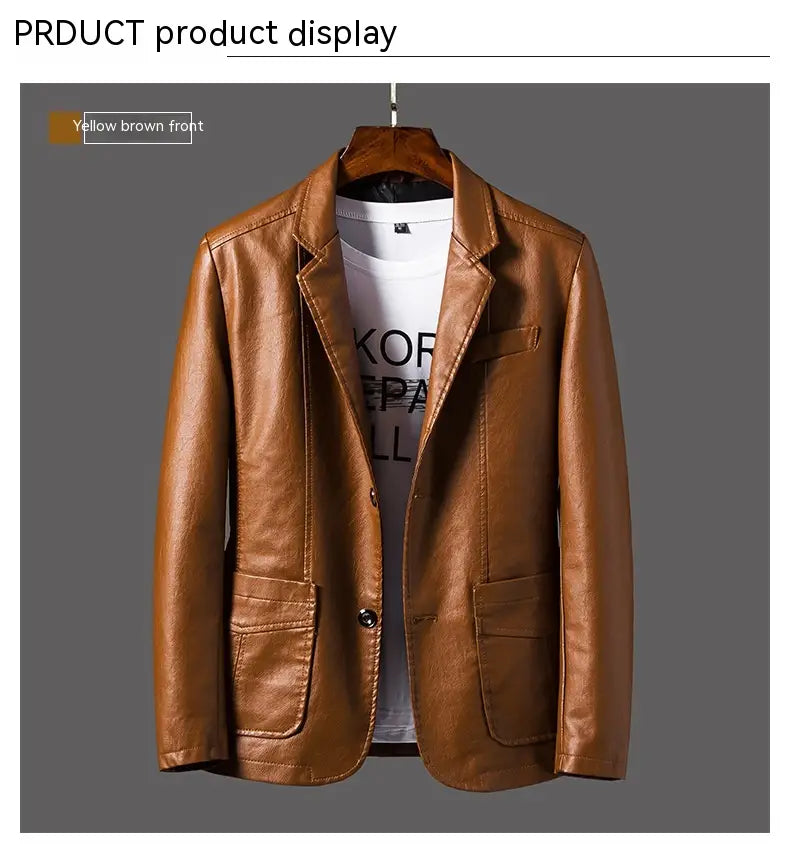 A tan faux leather double-breasted blazer for men featuring a classic collar and two front pockets.