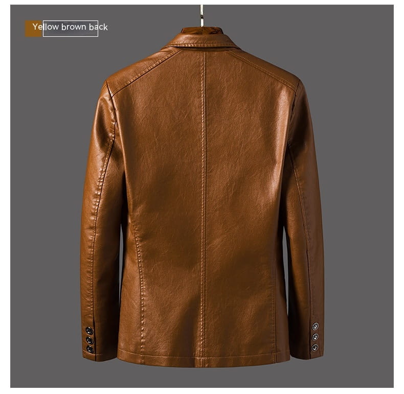 Men faux leather double-breasted blazer in sleek yellow-brown with a classic collar and buttoned cuffs.