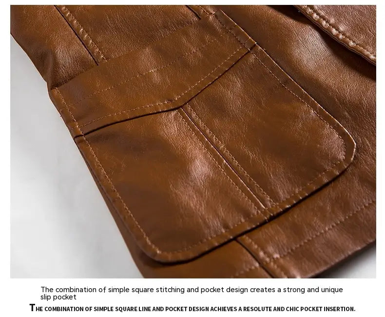 Brown faux leather slip pocket with clean square stitching and subtle sheen on a men faux leather double-breasted blazer