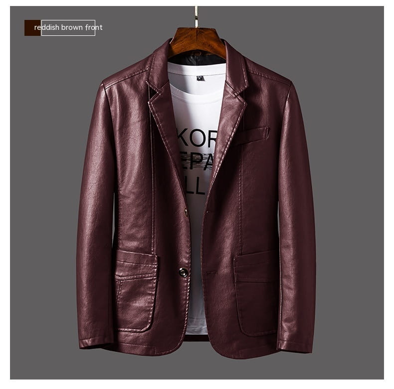 Men faux leather double-breasted blazer in reddish brown with a classic design and two front pockets.