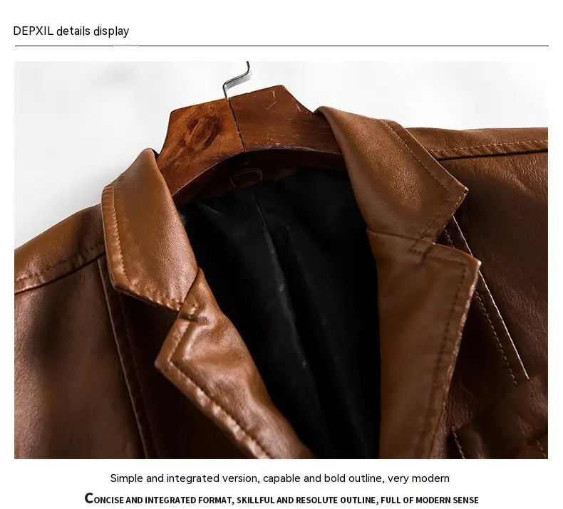 men faux leather double-breasted blazer in brown with black interior lining made from faux leather