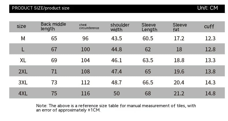 Size chart for men faux leather double-breasted blazer displaying measurements in centimeters for sizes m to 4xl.