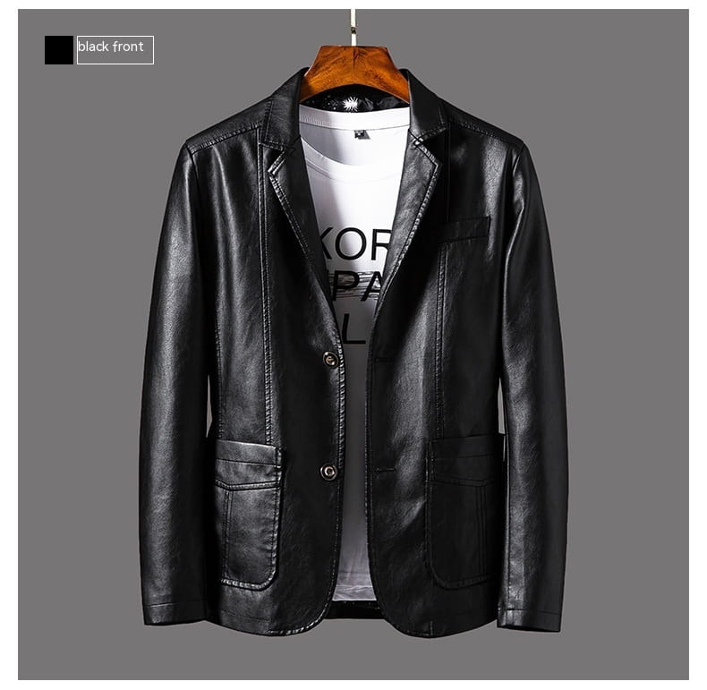 Men faux leather double-breasted blazer in black with a sleek modern design and two front pockets.