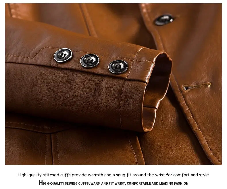 brown leather cuff with three black metal buttons on men faux leather double-breasted blazer