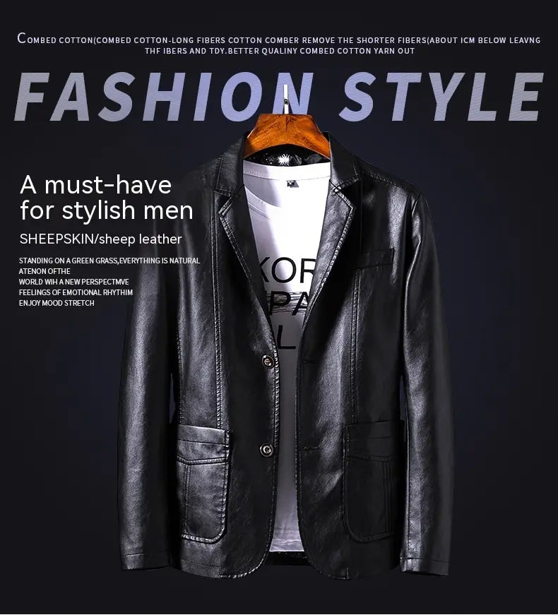 Men faux leather double-breasted blazer in black sheepskin leather with a sleek modern design and two front flap pockets.