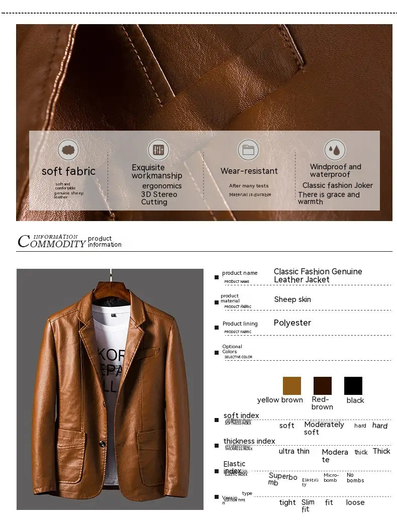 Men faux leather double-breasted blazer in tan genuine sheepskin leather with classic design and polyester lining.