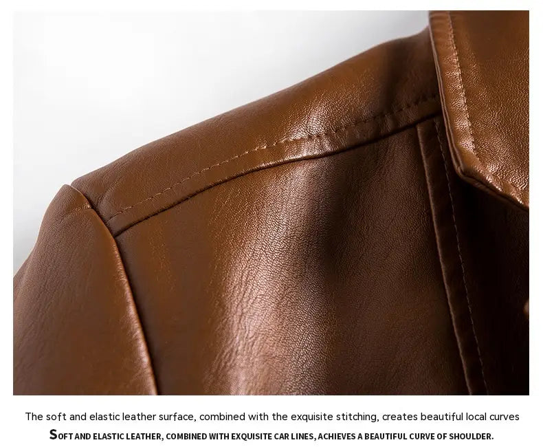 Men faux leather double-breasted blazer shoulder in brown featuring soft and elastic texture with precise stitching along the seams