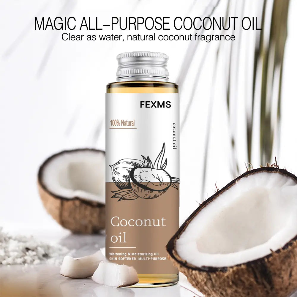 Une bouteille en verre transparent de marque fexms, contenant de l’huile essentielle de coco, avec un bouchon à vis argenté et une étiquette blanche présentant des illustrations de coco, destinée au massage de la peau, 100 ml.