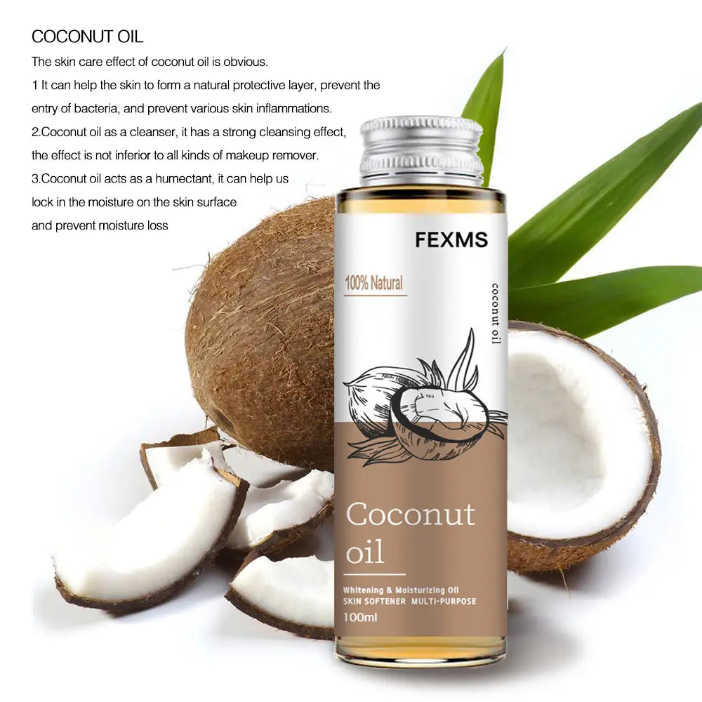 Une bouteille en verre transparent de marque fexms, contenant de l’huile essentielle de coco, 100 ml, portant la mention « 100 % naturel », pour éclaircir et hydrater la peau : huile multifonction destinée au massage de la peau.