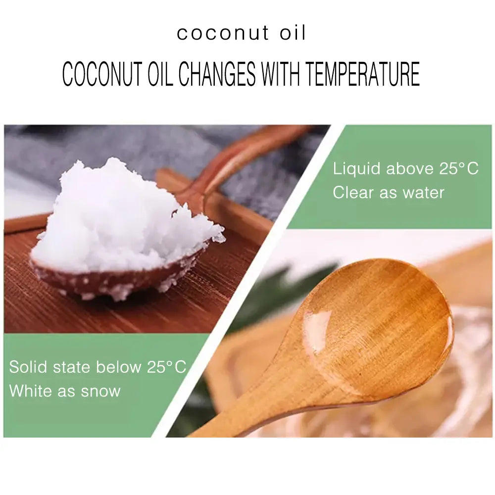 Une cuillère en bois tenant de l’huile de coco solide blanche, en contraste avec l’huile de coco liquide transparent au-dessus de 25 degrés Celsius, présentée à côté d’une bouteille en verre de 100 ml d’huile essentielle de coco pour le massage de la peau.