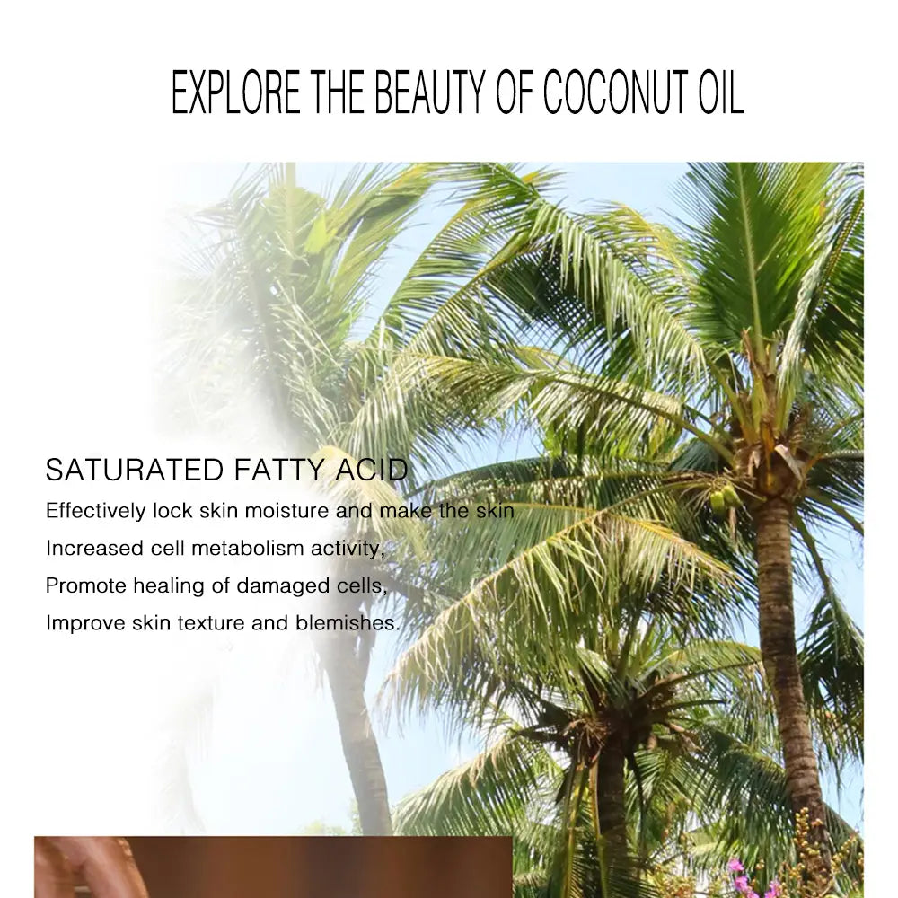 De luxuriants palmiers de coco verts se balancent contre un ciel bleu éclatant, encadrant une bouteille en verre de 100 ml d’huile essentielle de coco pour le massage de la peau.