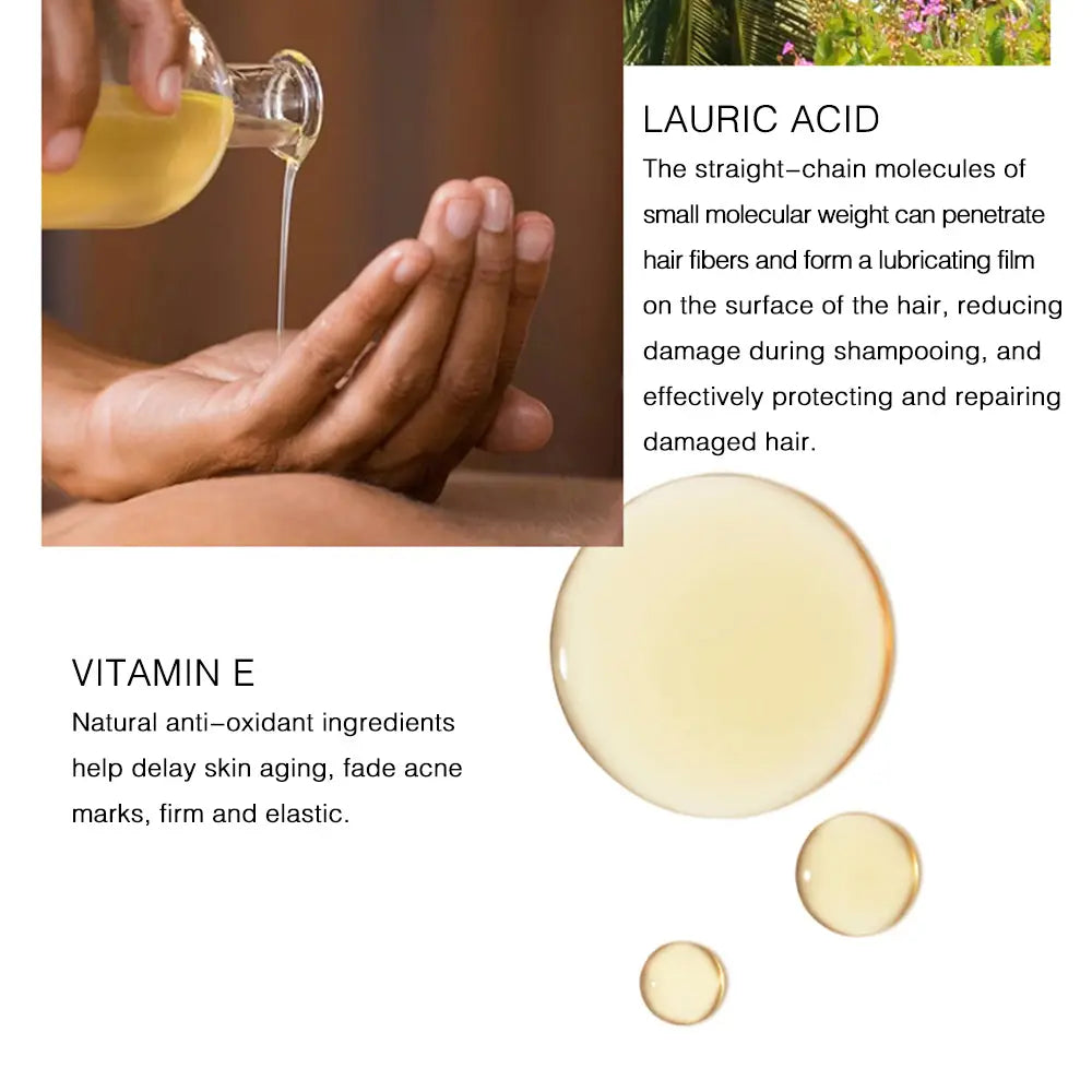L’huile essentielle de coco jaune doré est versée depuis une bouteille en verre transparente sur les mains, mettant en évidence l’acide laurique et la vitamine E pour une utilisation en massage de la peau, dans un contenant de 100 ml.