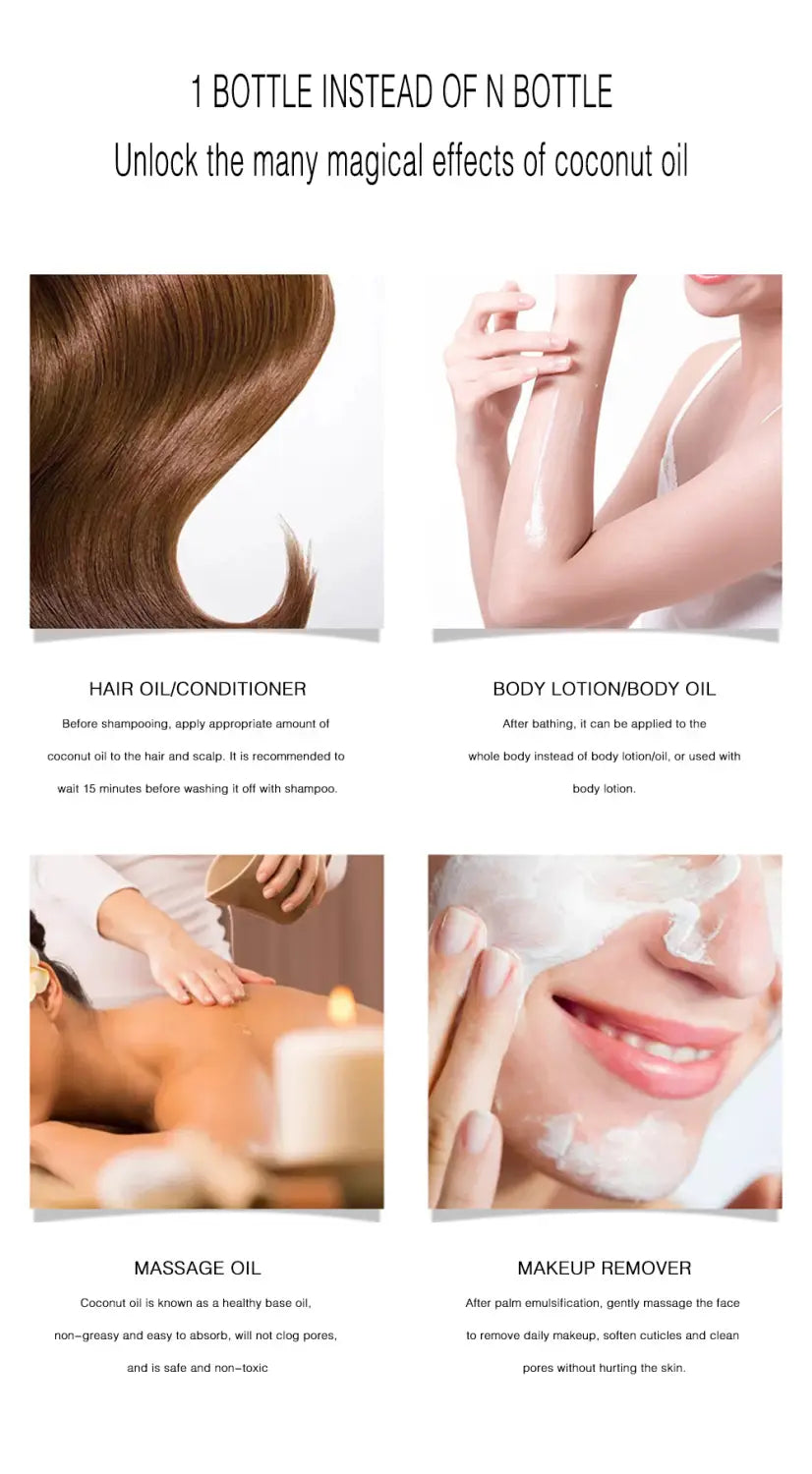 Une bouteille en verre transparente d’huile essentielle de coco 100 ml, avec un bouchon blanc indiqué pour une utilisation en tant qu’huile capillaire, lotion pour le corps, huile de massage et démaquillant.