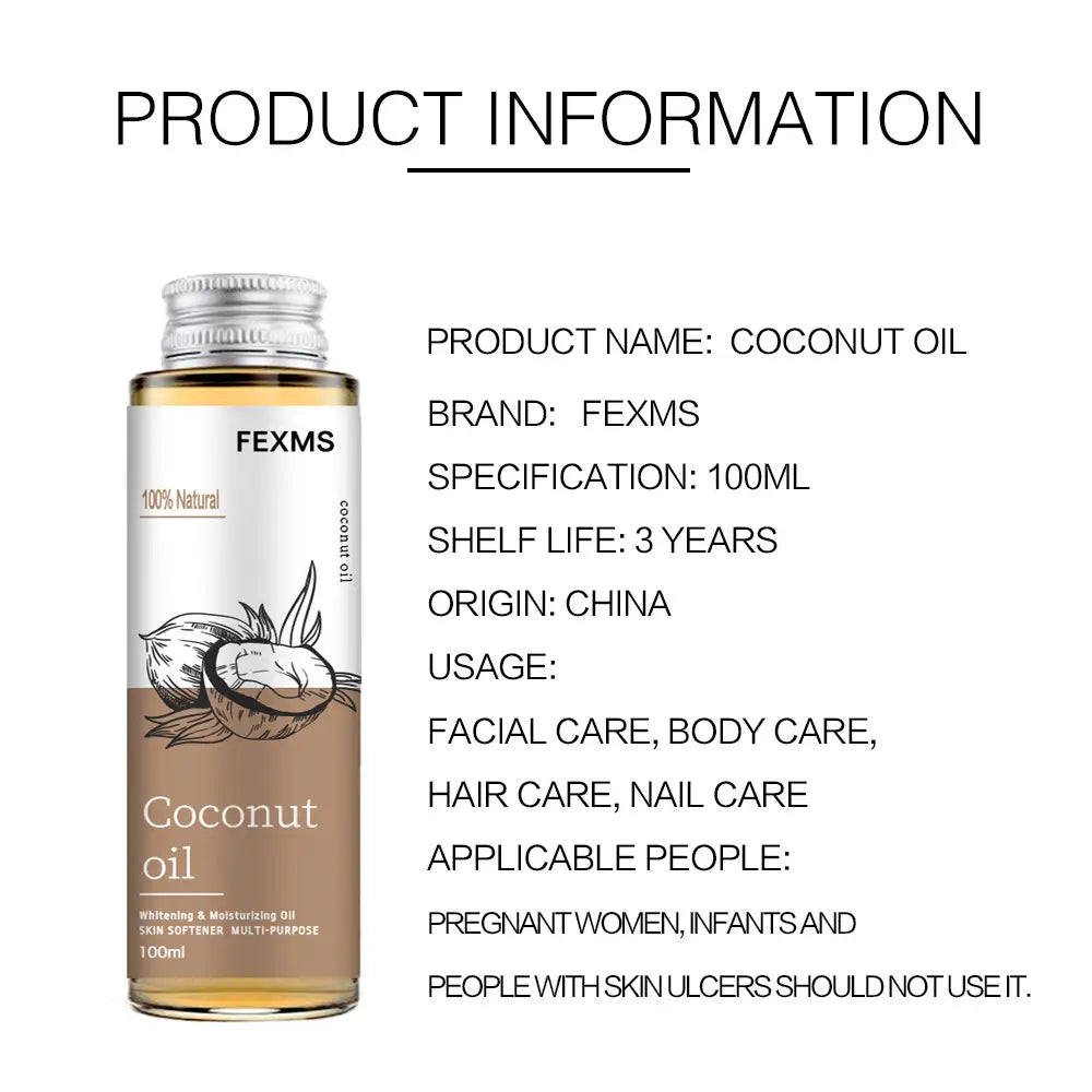Une bouteille en verre transparente, munie d’un bouchon à vis argenté, contient une huile essentielle de coco jaune doré, 100 % naturelle, étiquetée fexms pour le massage de la peau, format 100 ml.
