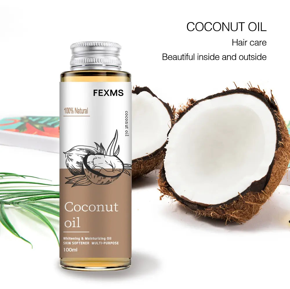 Une bouteille en verre transparente de marque fexms, contenant de l’huile essentielle de coco 100 ml, avec un bouchon à vis argenté et une étiquette brune et blanche portant une illustration de cocotiers, destinée au massage de la peau.