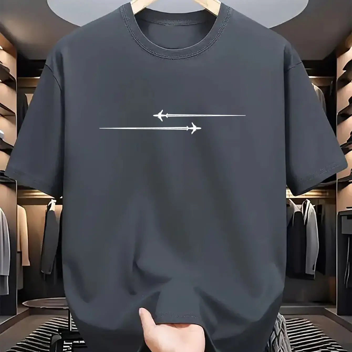 Dark gray crewneck minimalist airplane graphic cotton blend sport t shirt featuring two white airplanes flying in parallel lines.