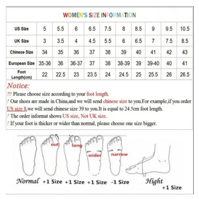 Size conversion chart for women’s knee high suede leather boots with block heel showing US UK Chinese and European sizes alongside foot length measurements in centimeters.