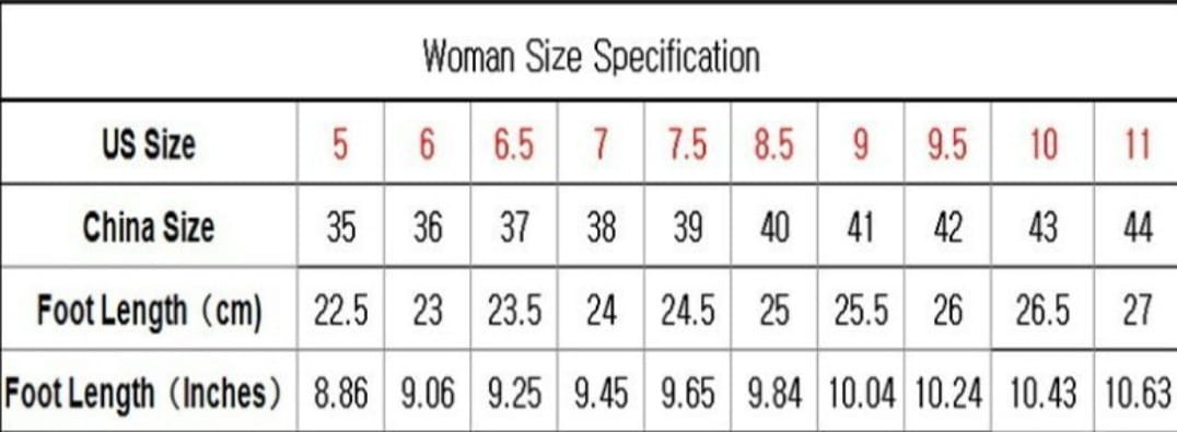 Woman size specification chart displaying US and China sizes alongside corresponding foot lengths in centimeters and inches for knee high suede leather boots with block heel.