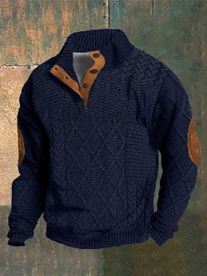 Men printed knit pullover sweatshirt in navy blue cable-knit fabric with brown leather elbow patches and matching collar detail.