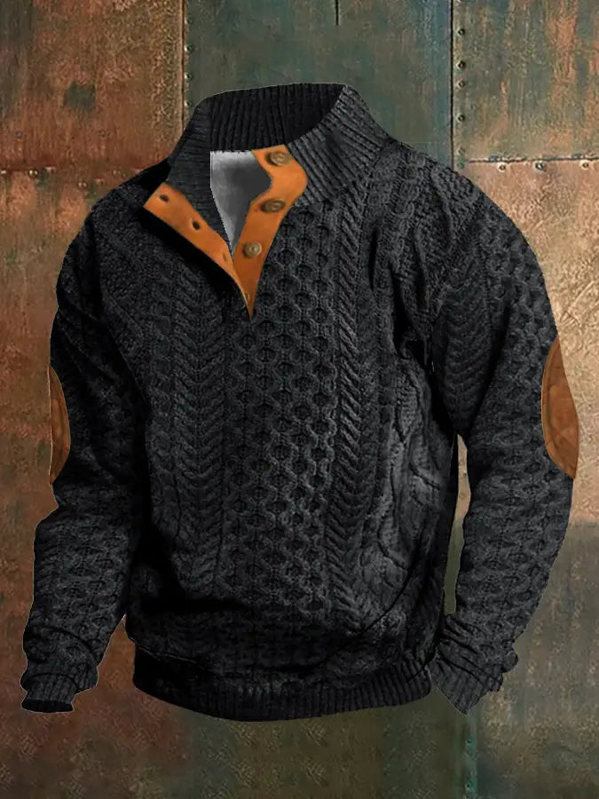 Men printed knit pullover sweatshirt in black knitted fabric with a textured pattern, orange leather collar and elbow patches, and three brass buttons.