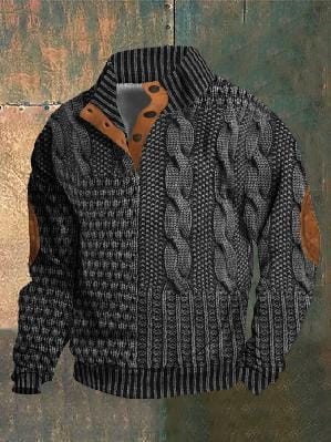 Men printed knit pullover sweatshirt in black and gray cable knit with brown leather accents on the collar and sleeves.