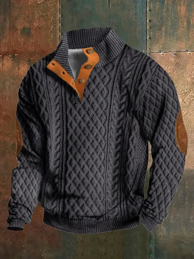 Men printed knit pullover sweatshirt in dark gray cable knit with contrasting tan leather accents on the collar placket and elbow patches.