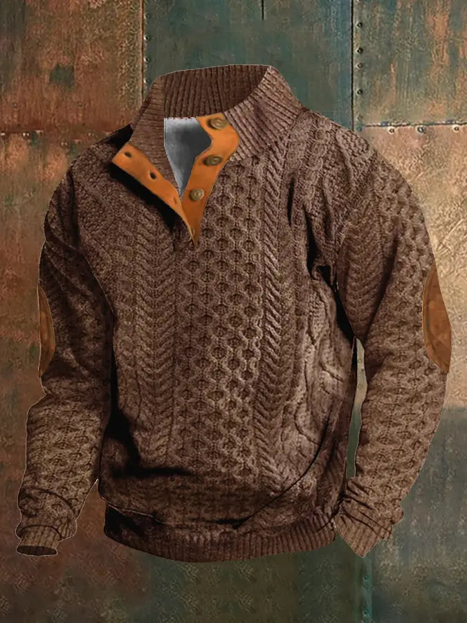 Men printed knit pullover sweatshirt in brown featuring a textured knitted pattern with leather accents on the collar and elbow patches.
