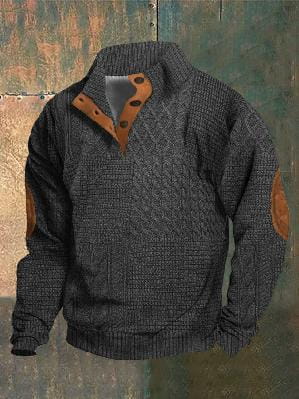 Men printed knit pullover sweatshirt in dark gray textured knit with brown leather patches on the shoulders and collar.