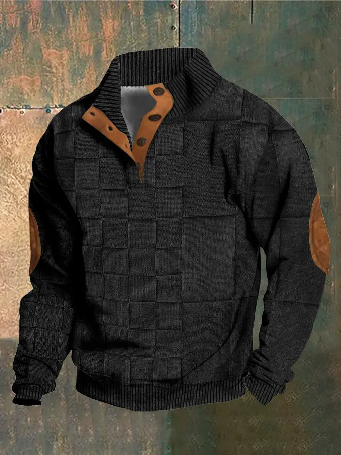 men printed knit pullover sweatshirt in black featuring a quilted pattern with brown leather accents on the collar and elbow patches