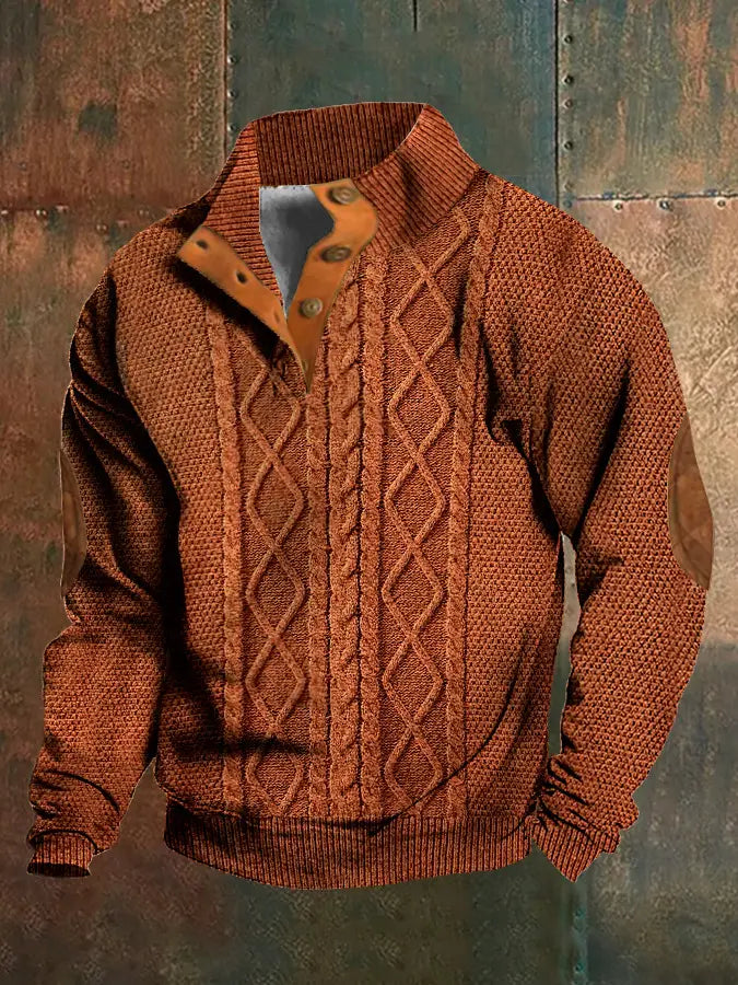Men printed knit pullover sweatshirt in warm rust color featuring cable-knit texture, half-zip front, brown leather patches on shoulders and sleeves, and a buttoned collar.