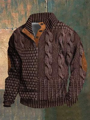 Men printed knit pullover sweatshirt featuring a brown cable-knit sweater with tan leather patches on the shoulders and collar.