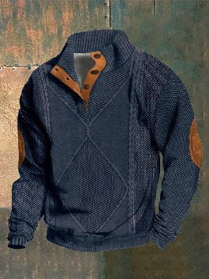 Men printed knit pullover sweatshirt in dark blue featuring a diamond-patterned cable knit design with brown leather elbow patches and collar accents.