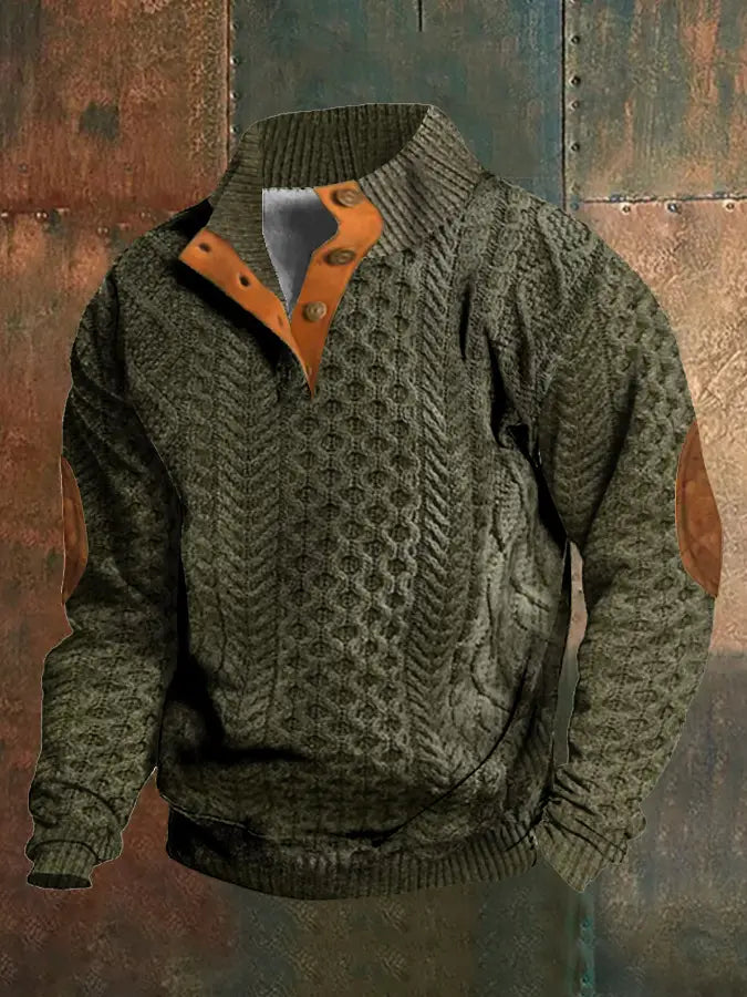 Men printed knit pullover sweatshirt in olive green cable knit with tan leather accents on the collar placket and elbow patches.