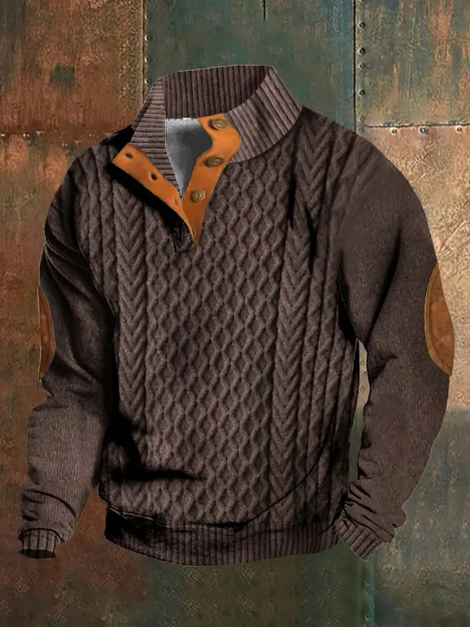 Men printed knit pullover sweatshirt featuring a brown cable knit sweater with tan leather accents on the collar placket and elbow patches.