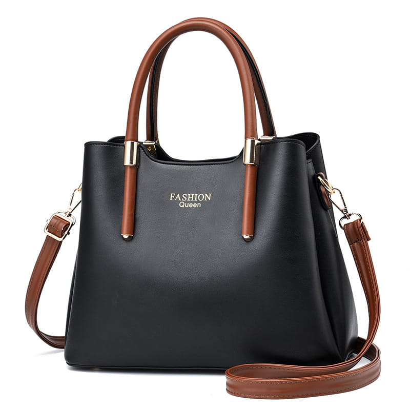 Black and brown pu leather shoulder bag with detachable strap featuring a structured design gold-tone hardware and fashion queen logo on the front.