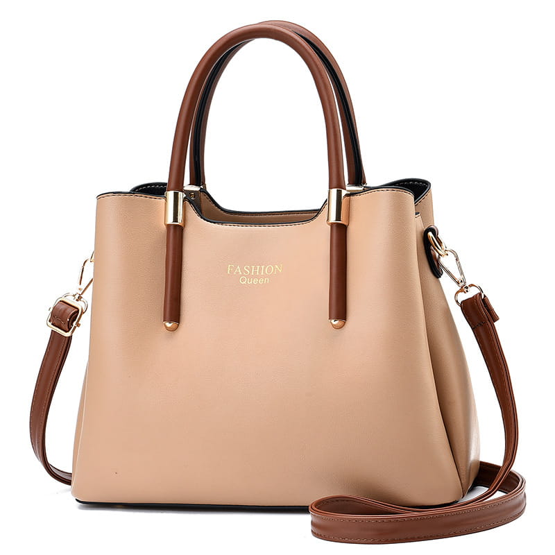 Beige and brown two-tone pu leather shoulder bag with gold-toned hardware and detachable strap.
