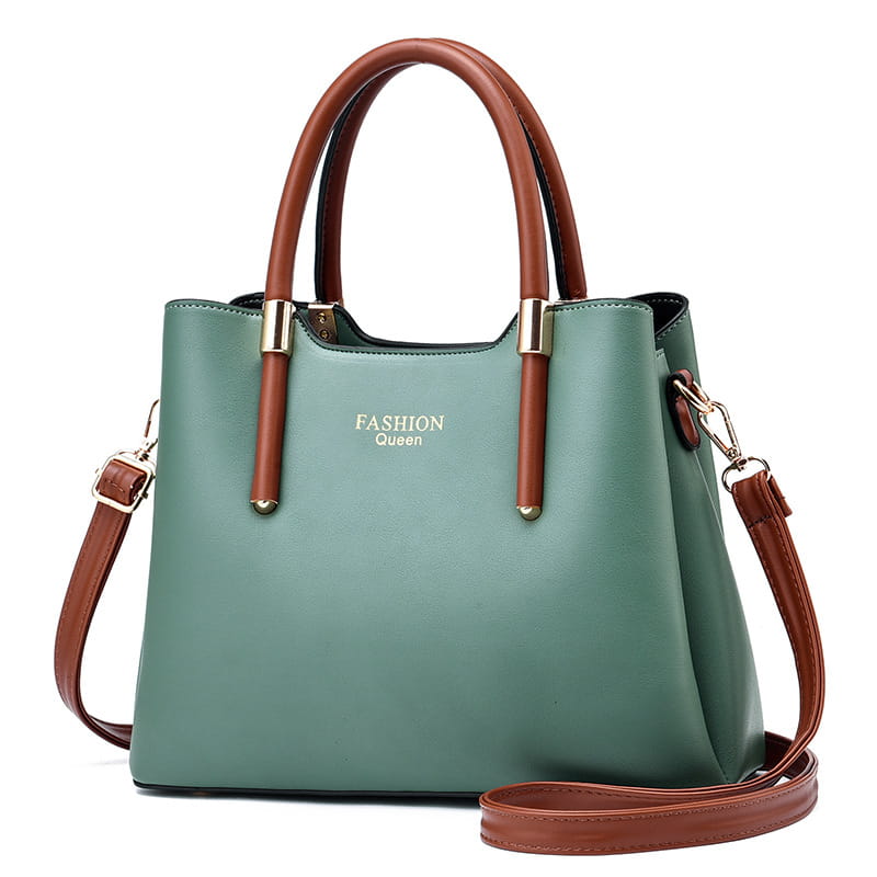 A stylish mint green pu leather shoulder bag with brown leather handles and detachable strap featuring gold tone hardware accents.