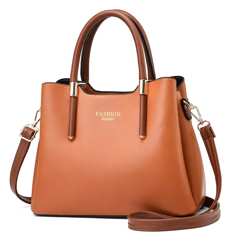 Brown pu leather shoulder bag with gold-tone hardware and detachable shoulder strap.