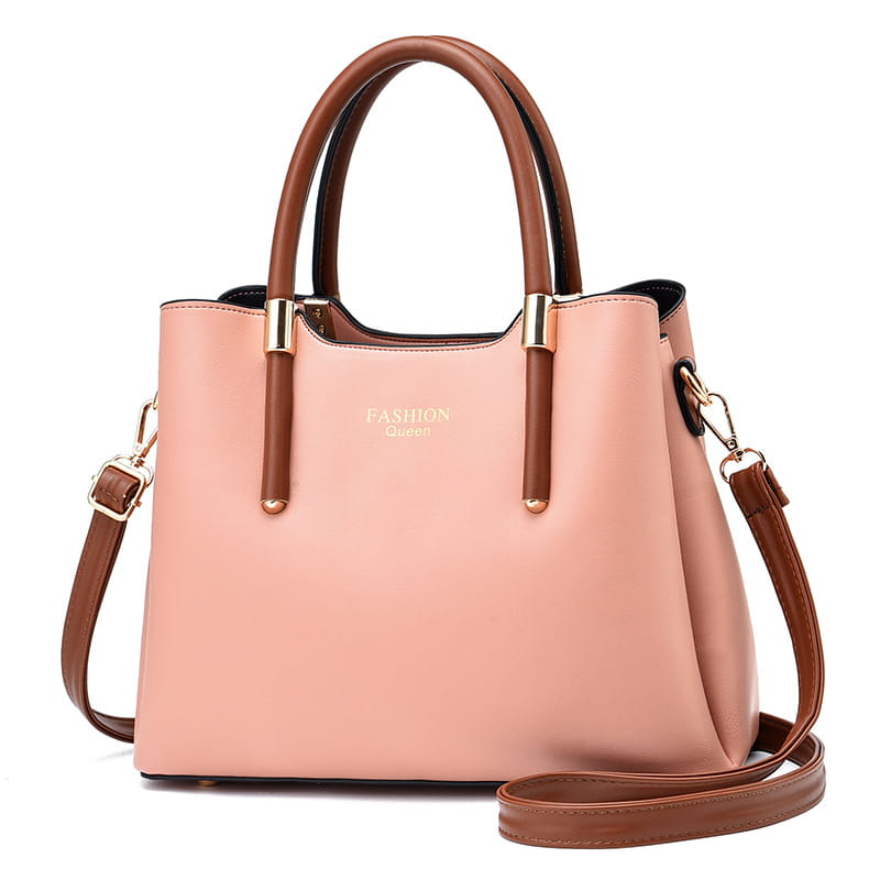 A blush pink and brown pu leather shoulder bag with gold-tone hardware and detachable strap.