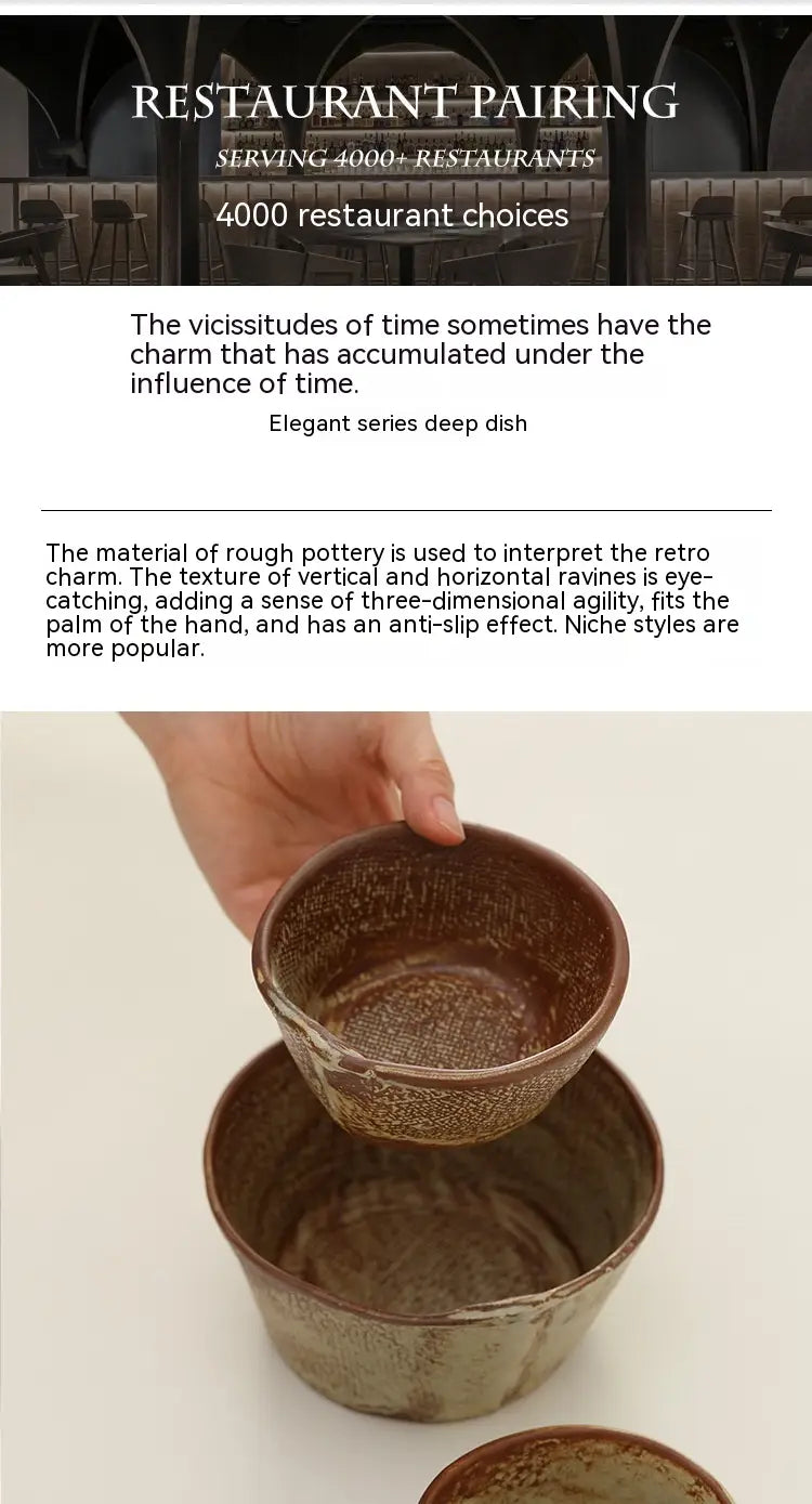 A brown ceramic rice bowl with a deep dish design and textured vertical and horizontal raviets, perfect for handcrafted retro-style soup serving.