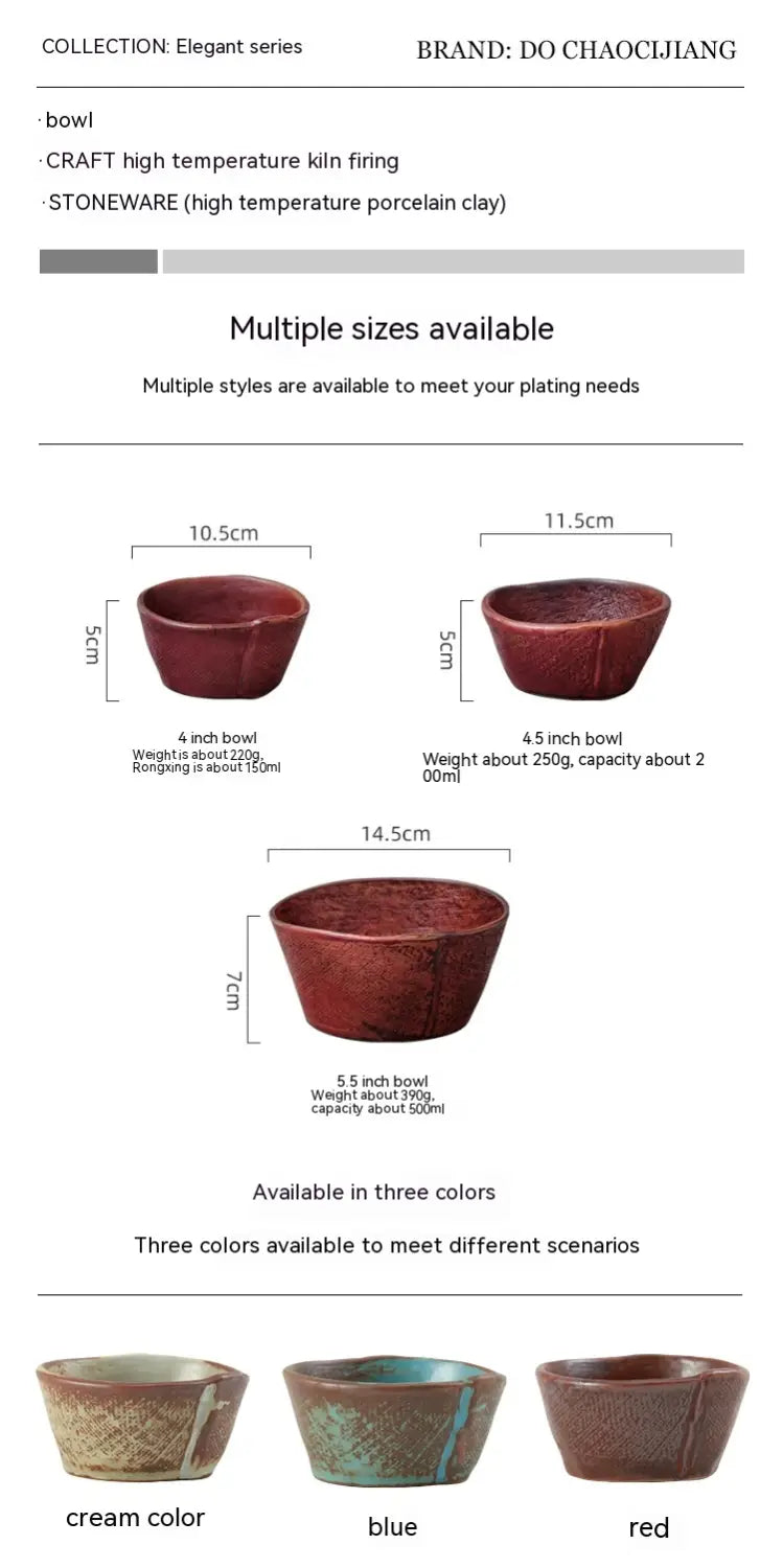 Red ceramic rice bowl with textured surface handcrafted from high-temperature porcelain clay for soup or rice.