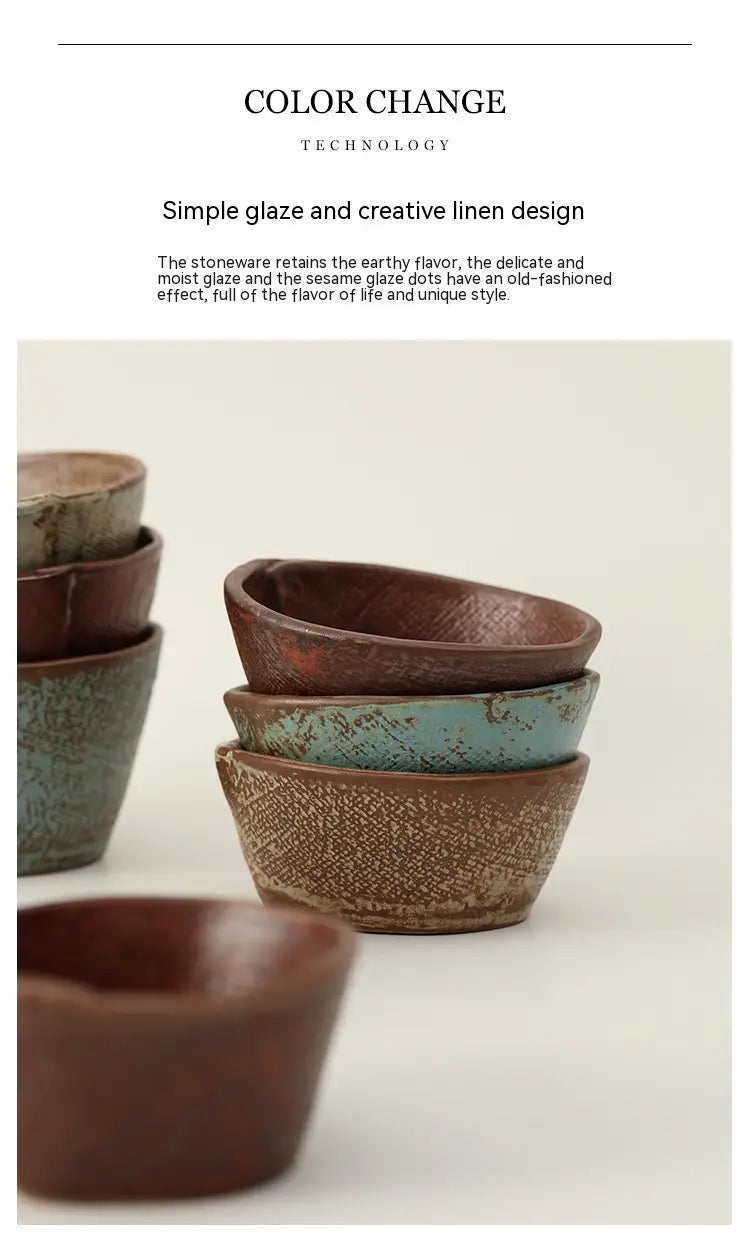 Earthy-toned ceramic rice bowls with textured hand-glazed surfaces and subtle sesame dot accents for soup and rice.