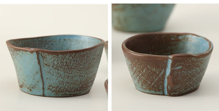Handcrafted ceramic rice bowl featuring a rustic textured surface with earthy brown and faded turquoise glaze ideal for serving soup or rice.
