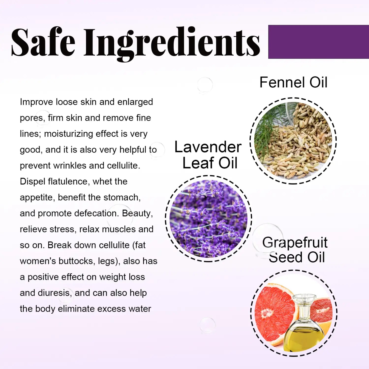 La gráfica promocional del tratamiento de aceite esencial para reafirmar la cadera, 30 ml, presenta ilustraciones circulares de aceite de hinojo, aceite de hoja de lavanda y aceite de semilla de toronja, destacando sus ingredientes seguros.
