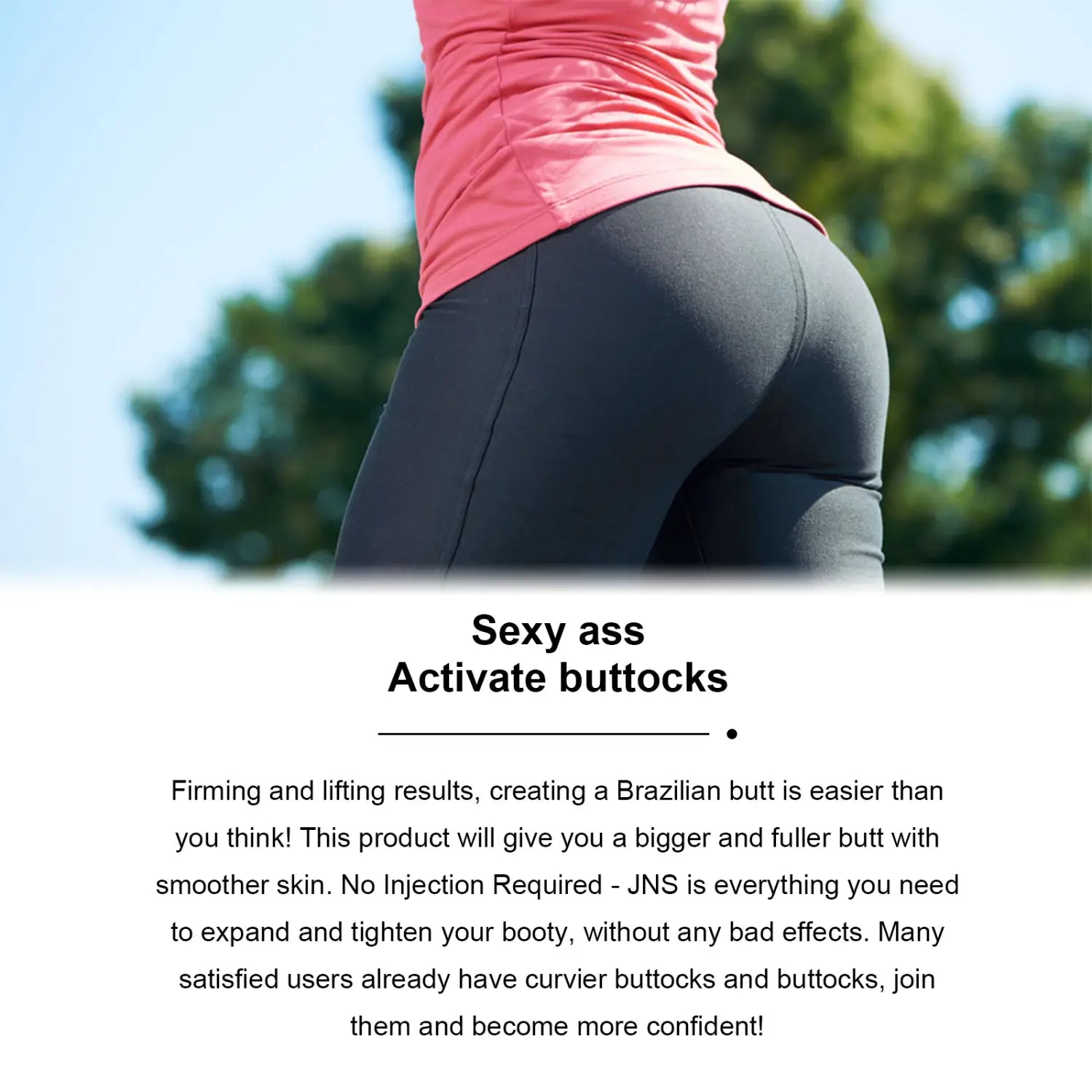 Una persona que viste leggings negros ajustados con una parte superior rosa, demostrando los beneficios del producto del tratamiento de aceite esencial para reafirmar la cadera, 30 ml.
