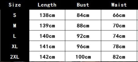 The image shows a size chart in centimeters for an elegant off shoulder v neck high slit maxi dress, detailing measurements from size S to 2XL.