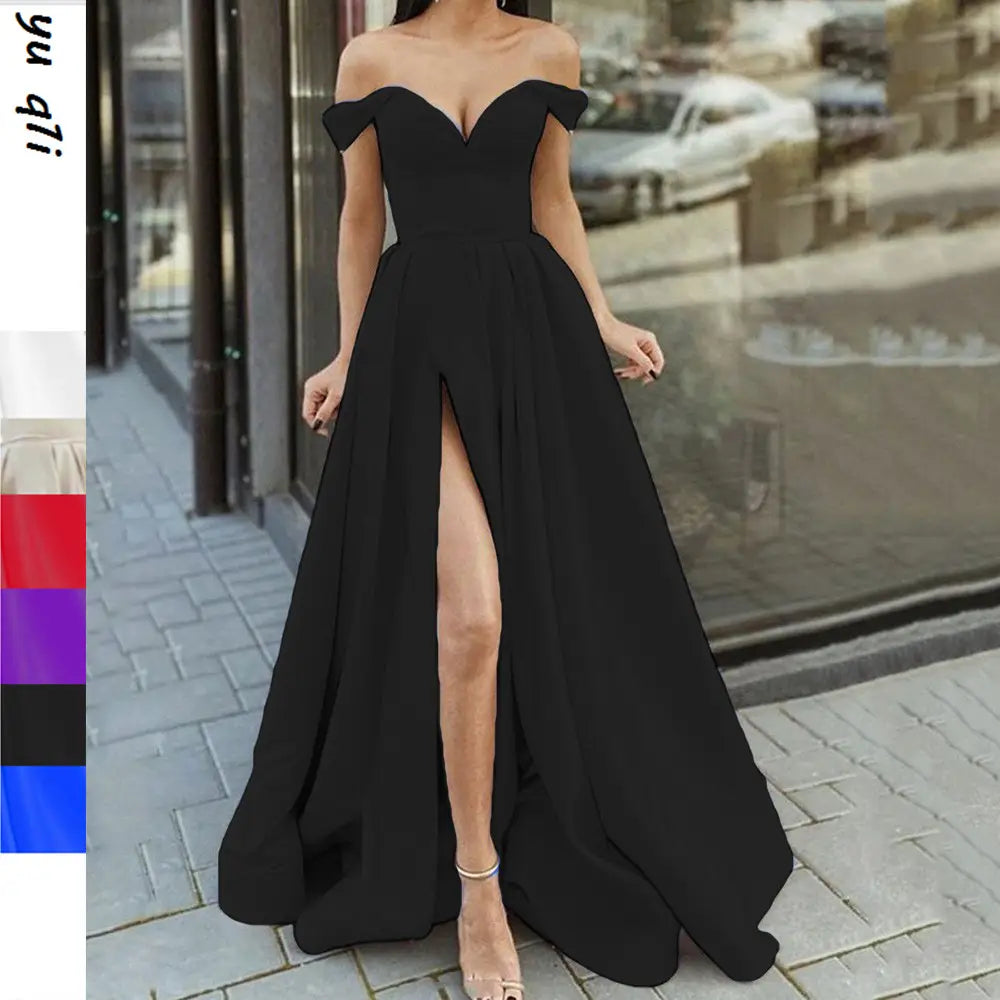 black off-the-shoulder v neck floor-length gown with high slit and flowing fabric made from elegant material for formal occasions