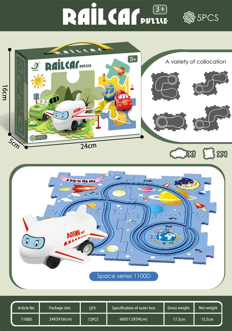 Pieza de rompecabezas de avión blanca con detalles rojos y ojos de caricatura del conjunto temático espacial para la escena de ciudad educativa con el set de rompecabezas de vagón de tren para pista eléctrica diy.
